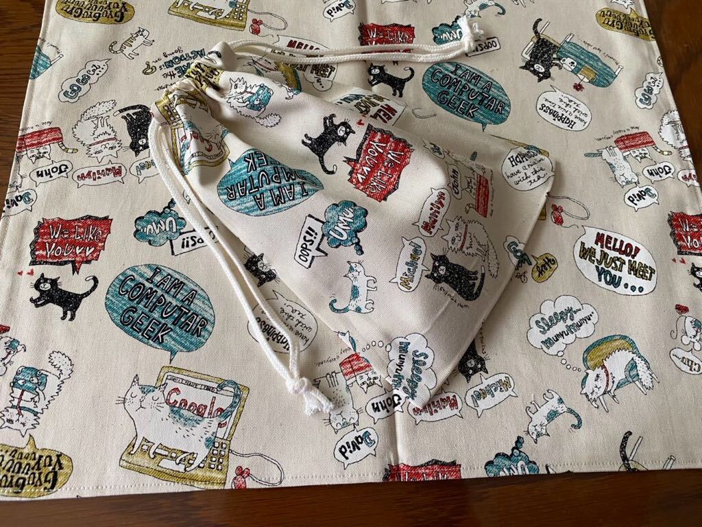 No.360 裏付ランチョンマット&巾着 ハンドメイド 35x45 ネコ柄拍卖