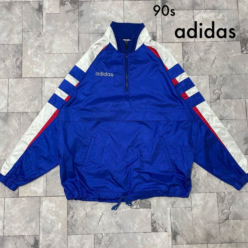 90s adidas アディダス ナイロンジャケット 刺繍ロゴ プルオーバー ハーフジップ ウィンドブレーカー デサント 裾ドローコード 玉SS1682拍卖
