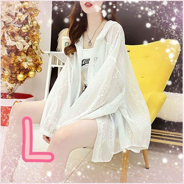 レース カーディガン 刺繍 羽織り ガウン 長袖 体型カバー アウター 透け感 UVカット パーカー ホワイト拍卖