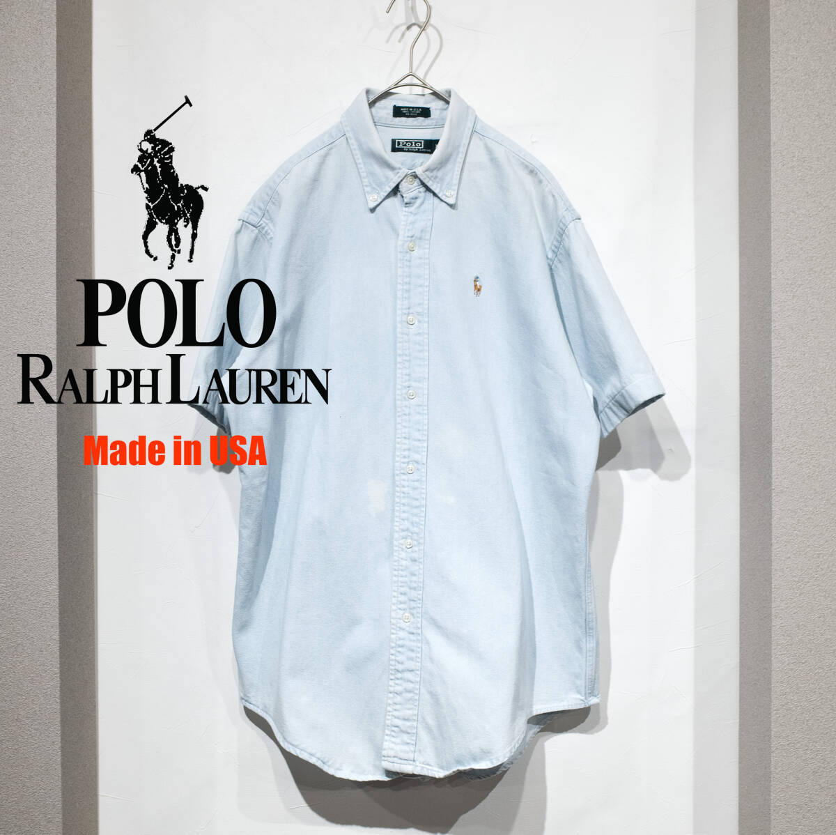 【USA製】XL(L位)/ 80年代 POLO RALPH LAUREN オールド ポロ ラルフローレン 緑タグ ビンテージ デニム ボタンダウン 半袖シャツ ブルー拍卖