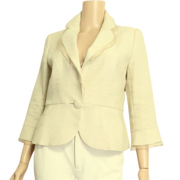 美品/MAGGY 銀座マギー リネンジャケット 表記 40号 11号 相当 ベージュ 麻 リネン 薄手 軽やか お出掛け 春 夏 アウター レディース拍卖