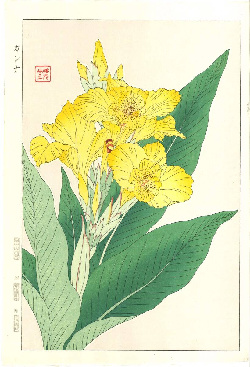 真作保証 河原崎奨堂 木版画 #136 カンナ Canna 花版画 初版昭和中期~ 京都らしい花版画の美をご自宅でお楽しみください。拍卖