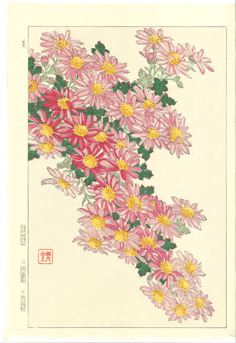 真作保証 河原崎奨堂 木版画 #36 菊 Chrysanthemum 花版画 初版昭和中期~ 京都らしい花版画の美をご自宅でお楽しみください。拍卖