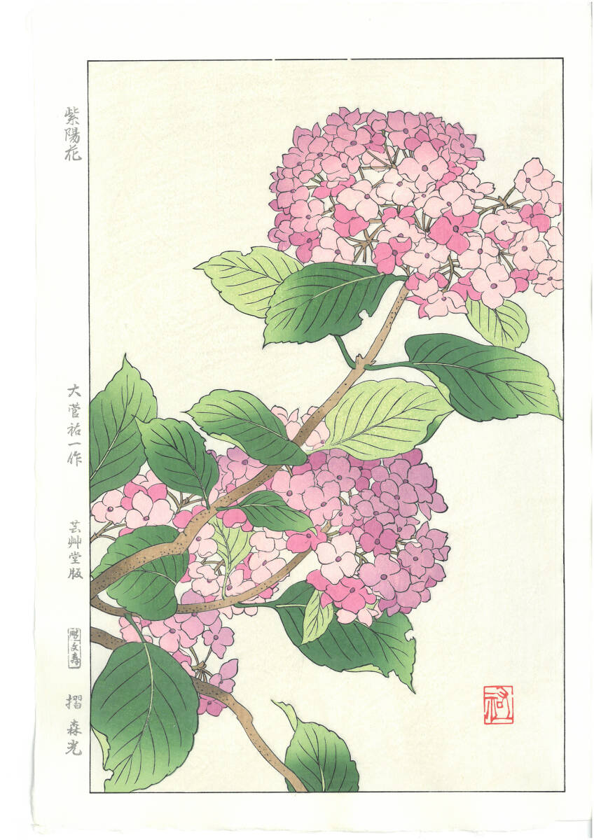 真作保証 大菅祐一 木版画 #178 紫陽花 Hydrangea 初版昭和中期~ 京都らしい花版画の美をご自宅でお楽しみください。拍卖