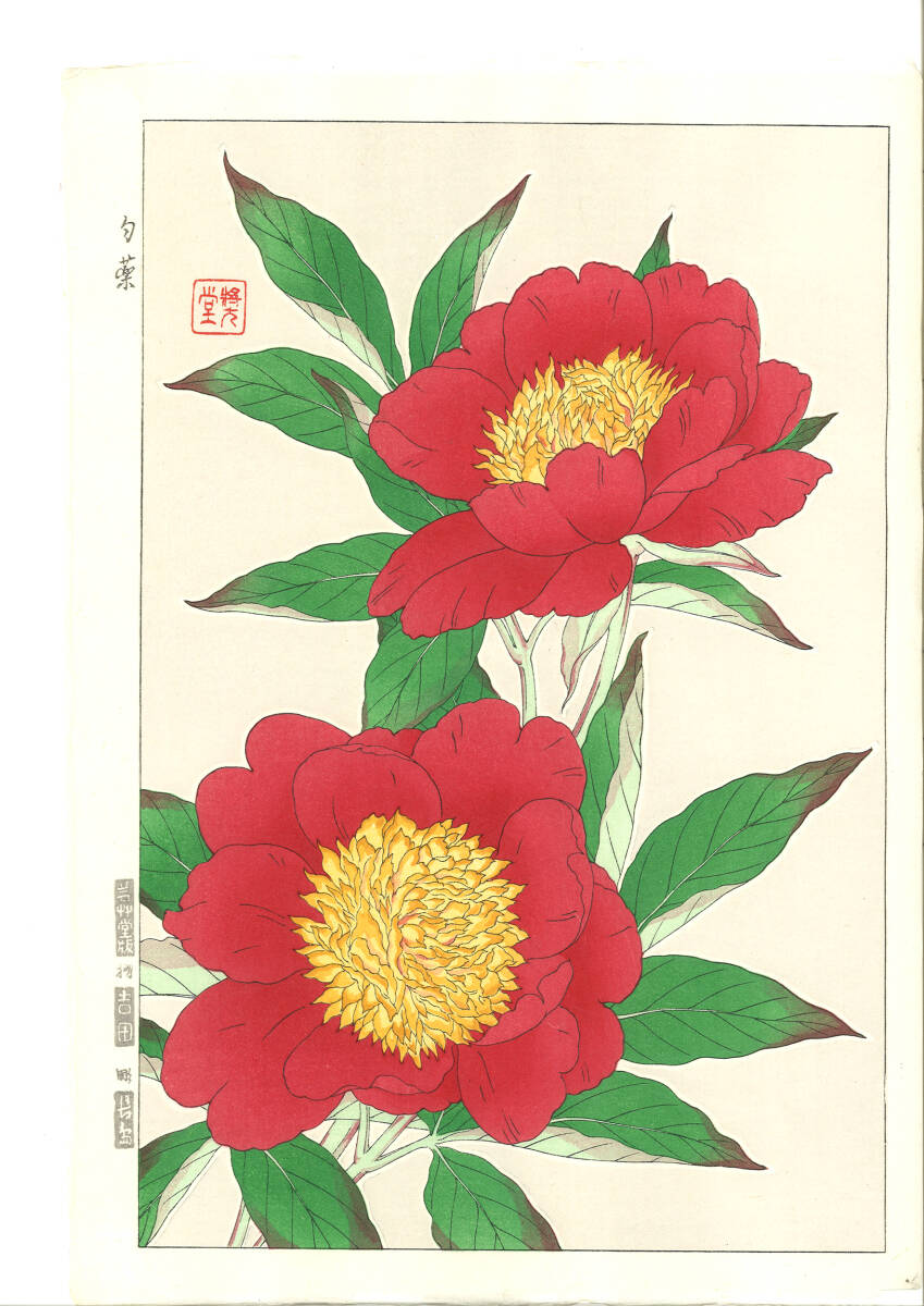 真作保証 河原崎奨堂 木版画 #12 芍薬 Peony 花版画 初版昭和中期~ 京都らしい花版画の美をご自宅でお楽しみください。拍卖