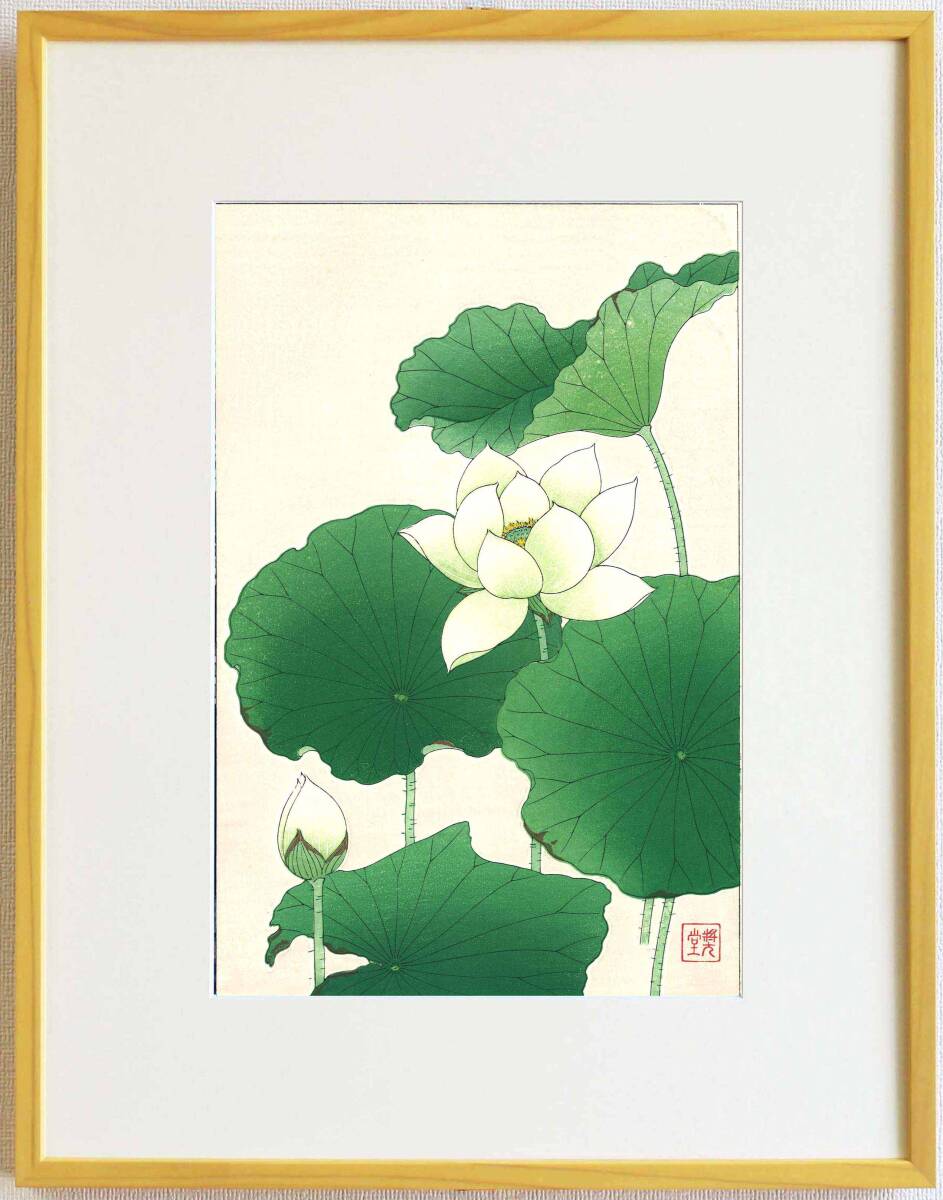 真作保証 額装 河原崎奨堂 木版画 #58 白蓮 Lotus 初版 昭和中期頃 自宅に届いて直ぐに飾れる京都の名品 花版画!!拍卖
