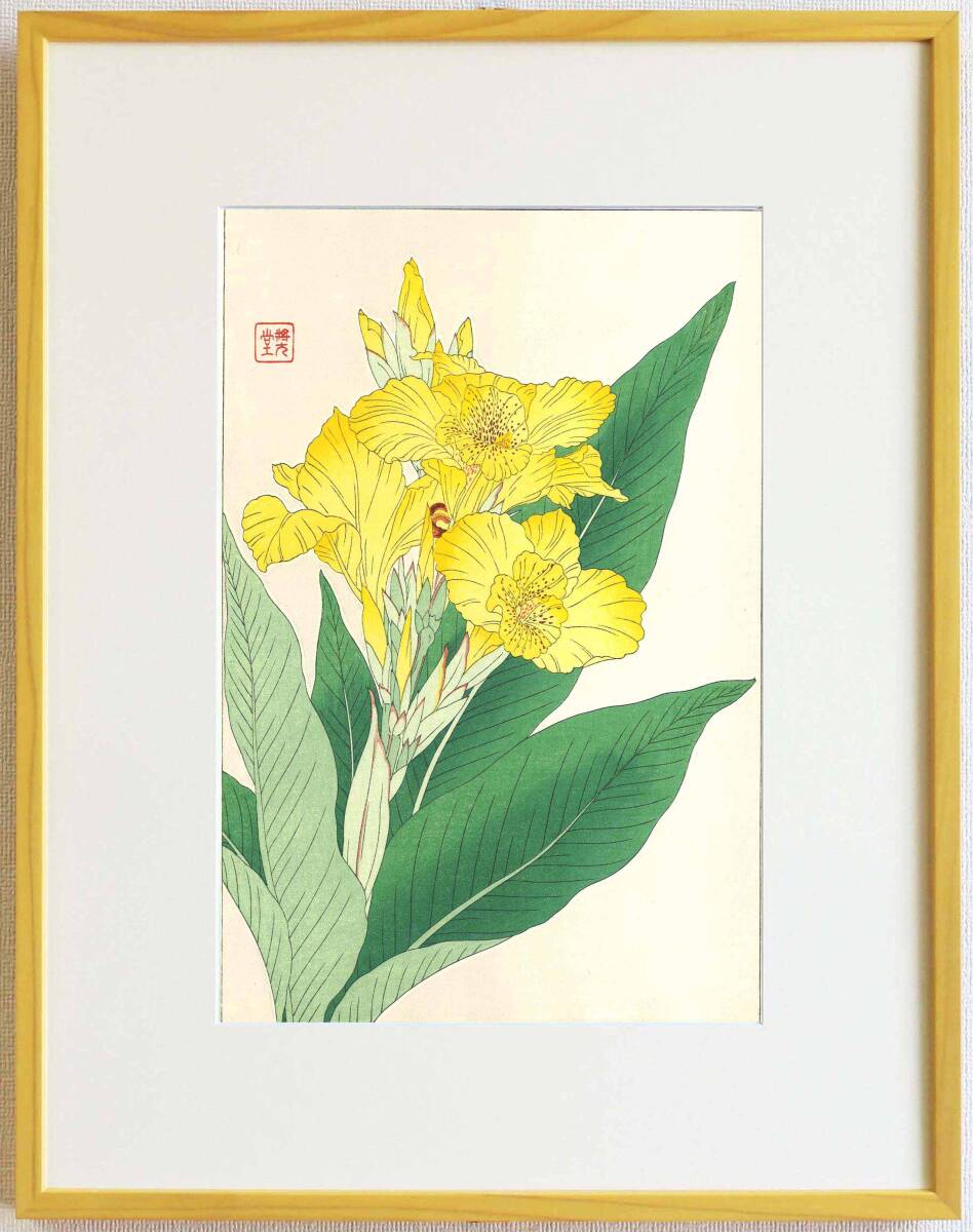 真作保証 額装 河原崎奨堂 木版画 #136 カンナ Canna 初版昭和中期頃 自宅に届いて直ぐに飾れる京都の名品 花版画!!拍卖