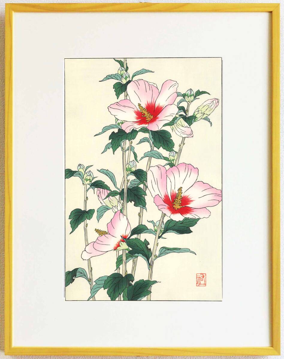 真作保証 額装 大菅祐一 木版画 むくげ 初版 昭和中期頃 自宅に届いて直ぐに飾れる京都の名品 花版画!!拍卖