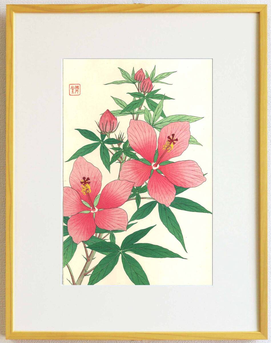 真作保証 額装 河原崎奨堂 木版画 #84 ハイビスカス Hibiscus 初版昭和中期頃 自宅に届いて直ぐに飾れる京都の名品 花版画!!拍卖