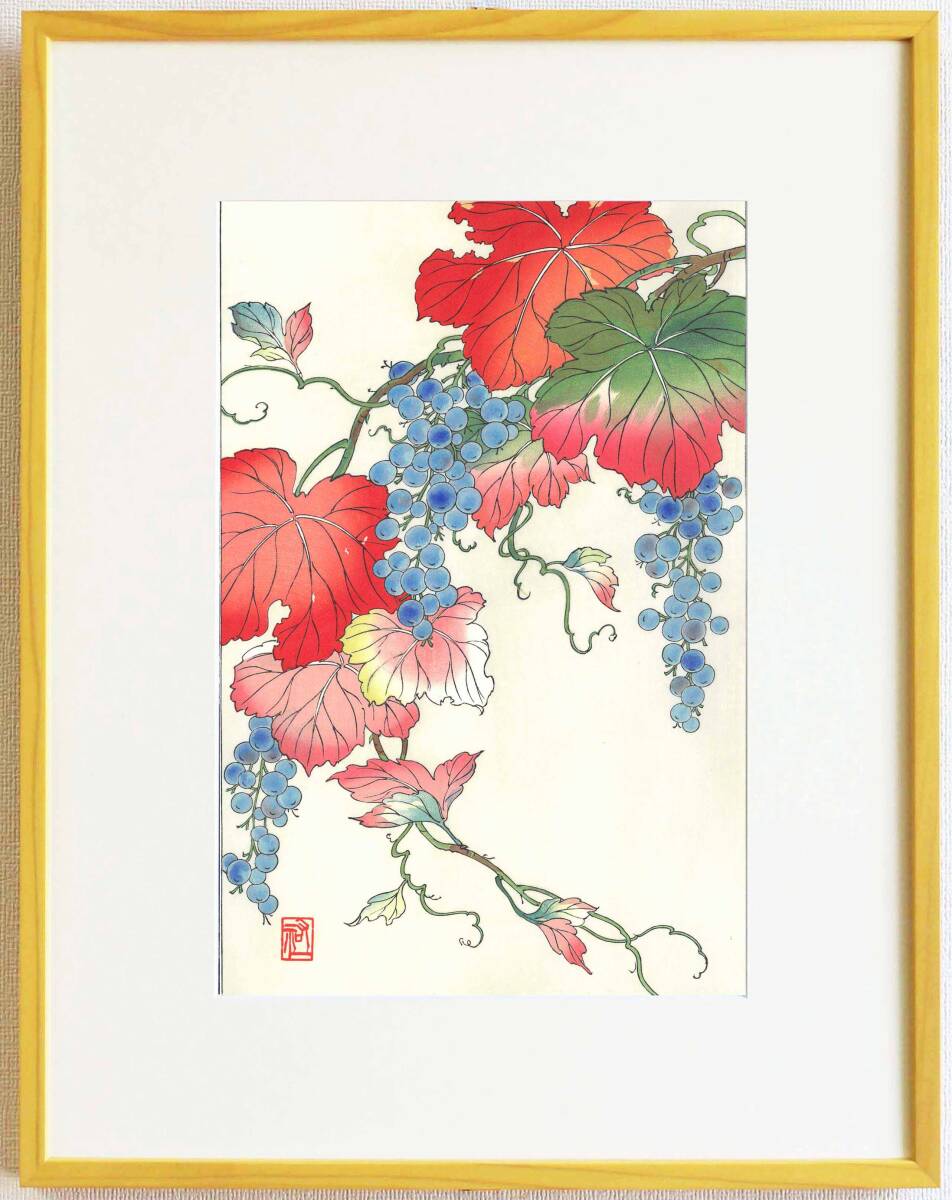 真作保証 額装 大菅祐一 木版画 山葡萄 Wild grapes 初版 昭和中期頃 自宅に届いて直ぐに飾れる京都の名品 花版画!!拍卖