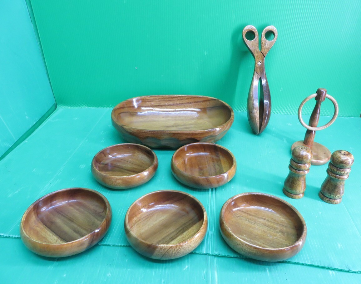 N-102■木製 亀甲サラダボール/小皿5枚/塩コショウ入れ/サーバー/マヨネーズ立て 未使用 拍卖