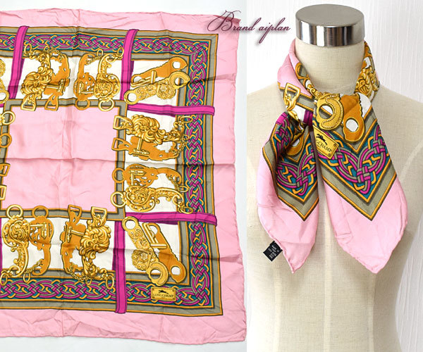 ロンシャン■ロゴ入りシルクスカーフ ピンク LONGCHAMP イタリア製拍卖