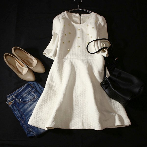 美品 Cynthia Rowley シンシアローリー 可愛い ビーズ・スパンコール付き 立体ジャージー生地 ストレッチ ワンピース 2号 M 春 夏 24A04拍卖