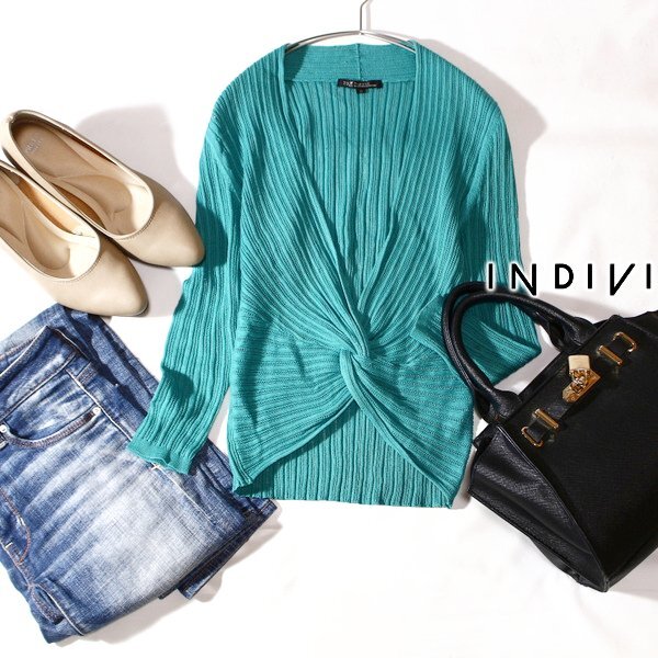 美品 INDIVI インディヴィ 綺麗め コットン ツイスト ニット プルオーバー 32号 春 夏 24D04拍卖