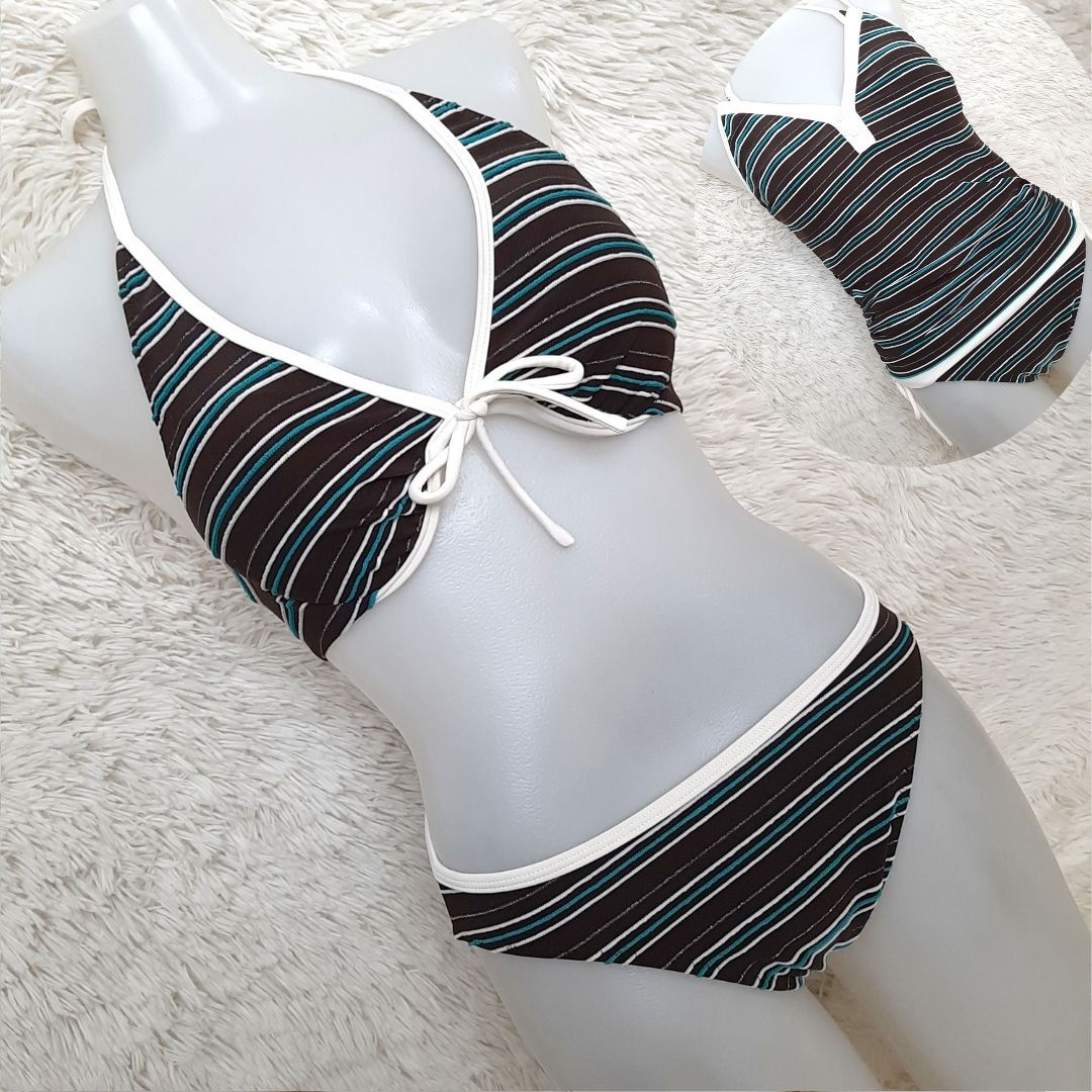 匿名配送 マルチボーダー ラッシュガード キャミソール付 盛れる レモンパット ワイヤービキニ 水着 ブラウン 茶 11L オ拍卖