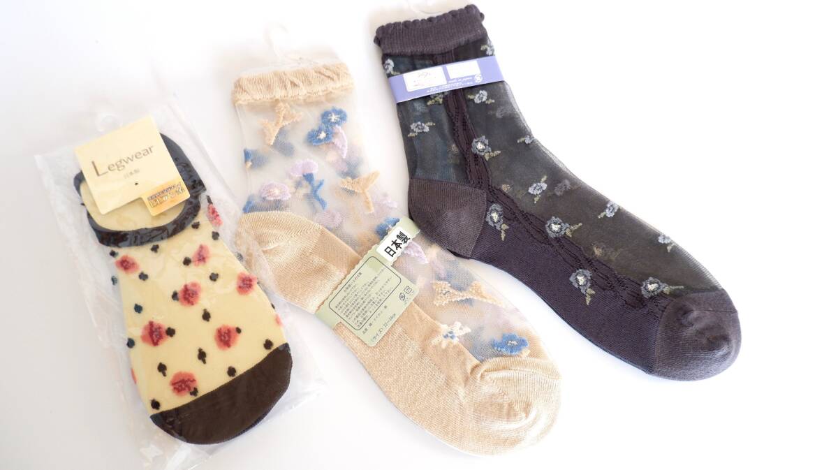 新品 オシャレ レーシー靴下 3足セット シルク・麻・混 ソックス 日本製拍卖