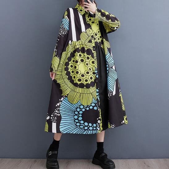 ロングスカート森ガール シャツワンピースプリント柄ロングワンピースマキシワンピースきれいめ ミモレ丈 長袖 大きいサイズ黄Fお色選択可拍卖