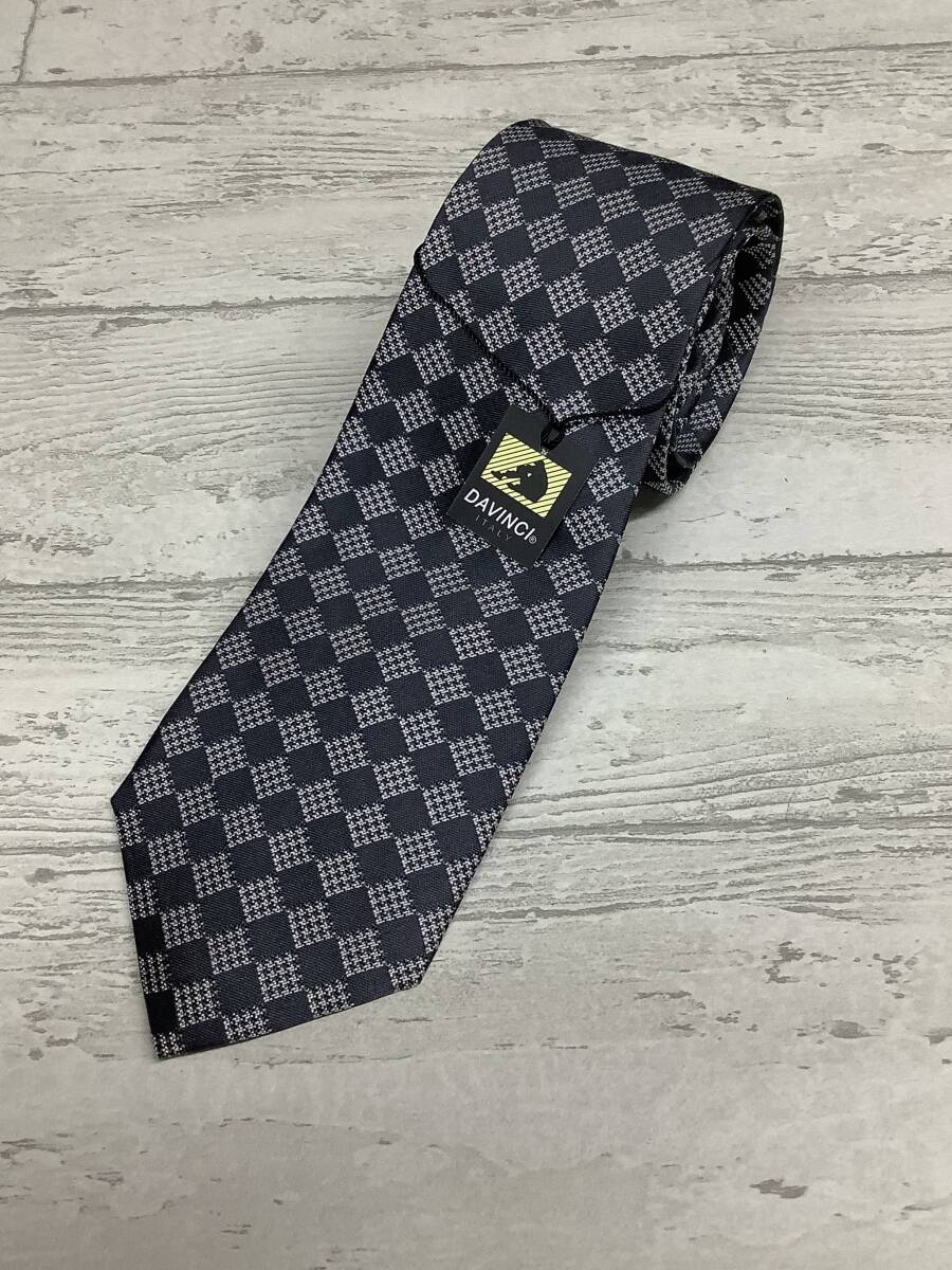 新品未使用★DAVINCI ダヴィンチ シルク100%ネクタイ お洒落グレーチェック 千鳥と無地コラボ拍卖