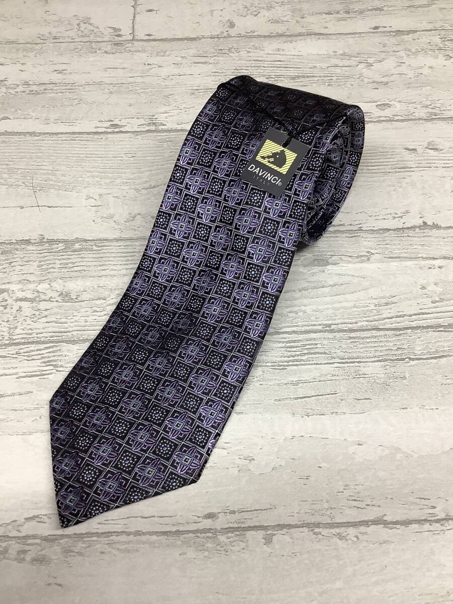 新品未使用★DAVINCI ダヴィンチ シルク100%ネクタイ お洒落 パープルサックス黒グレーコラボ ゴージャス柄拍卖