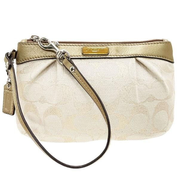 12501 コーチ ポーチ シグネチャー リストレット キャンバス レザー 革 ベージュ系 ゴールドラメ ブロンズ系拍卖