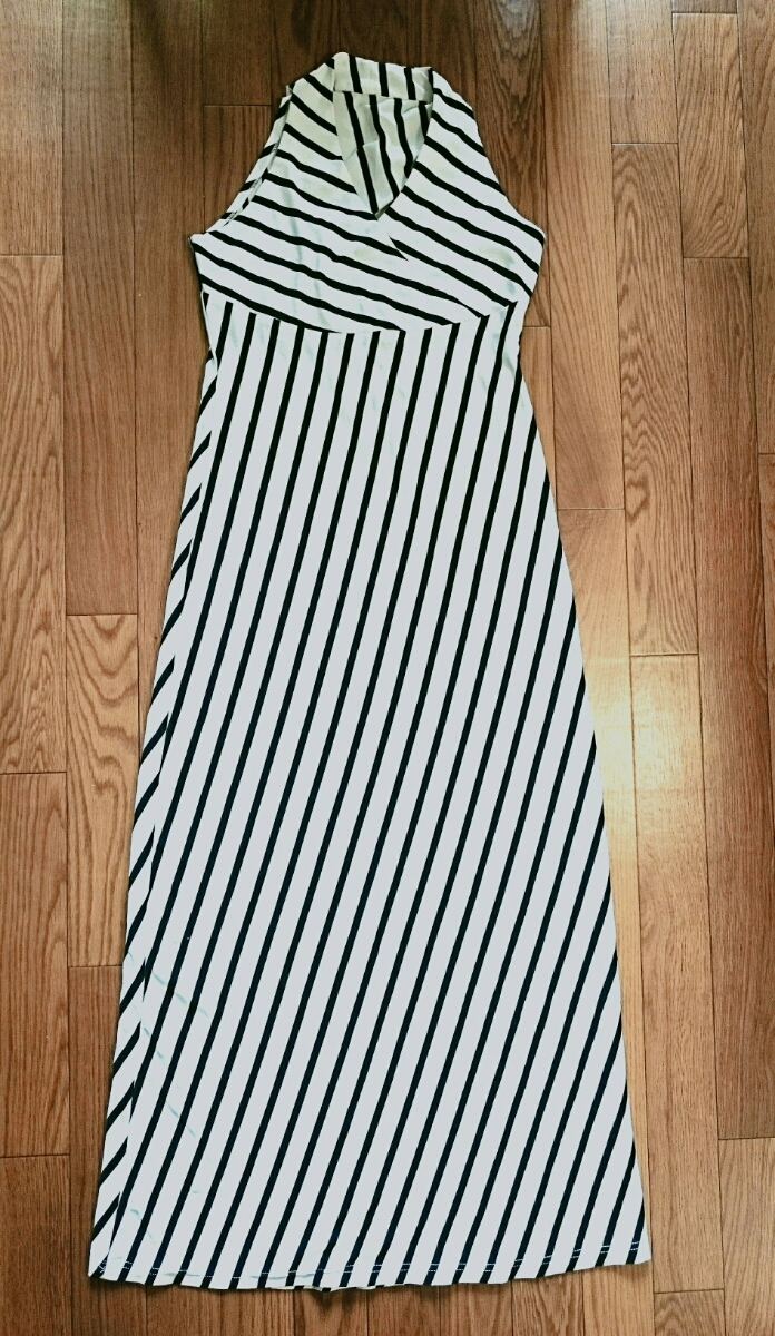 ロングワンピース 斜めストライプ ホワイト/ブラック拍卖