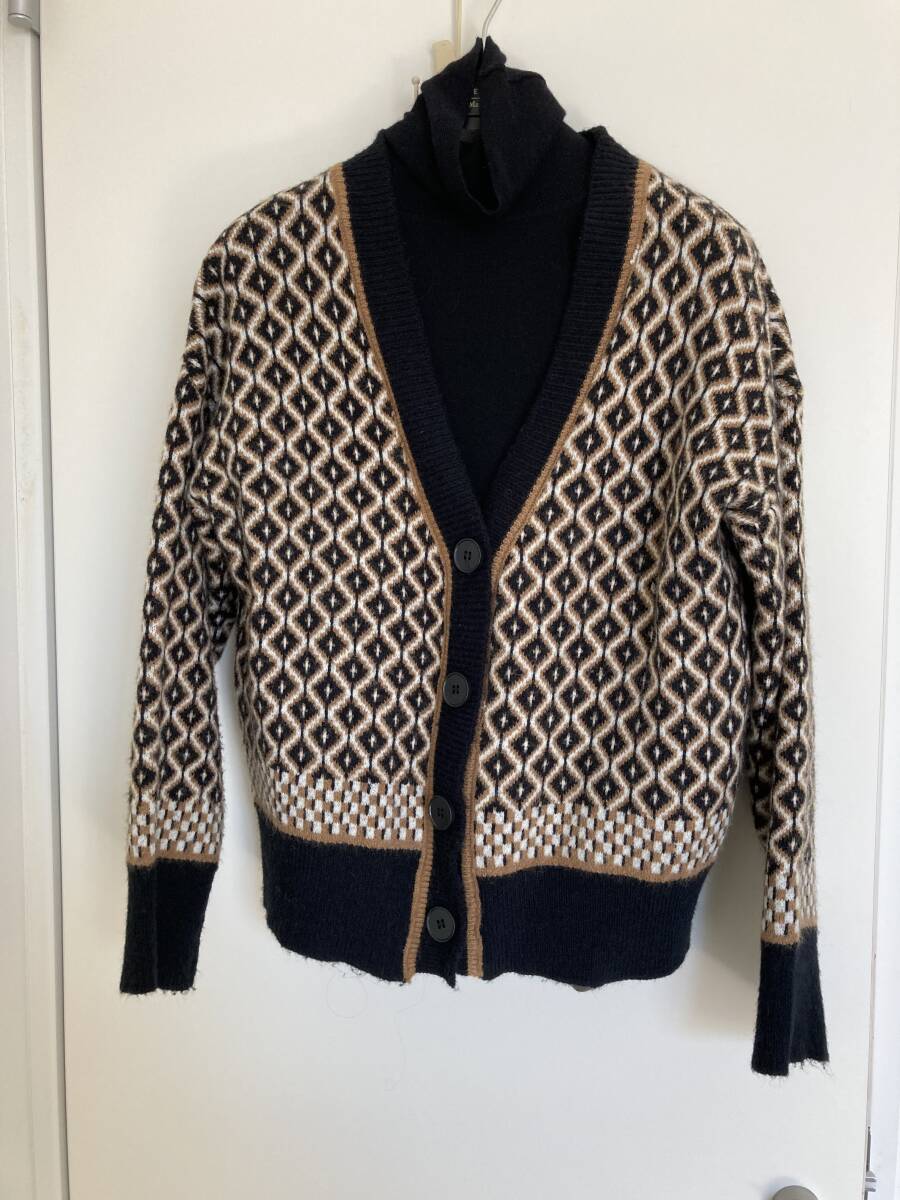 幾何学模様のカーディガン 黒 茶系 サイズL拍卖