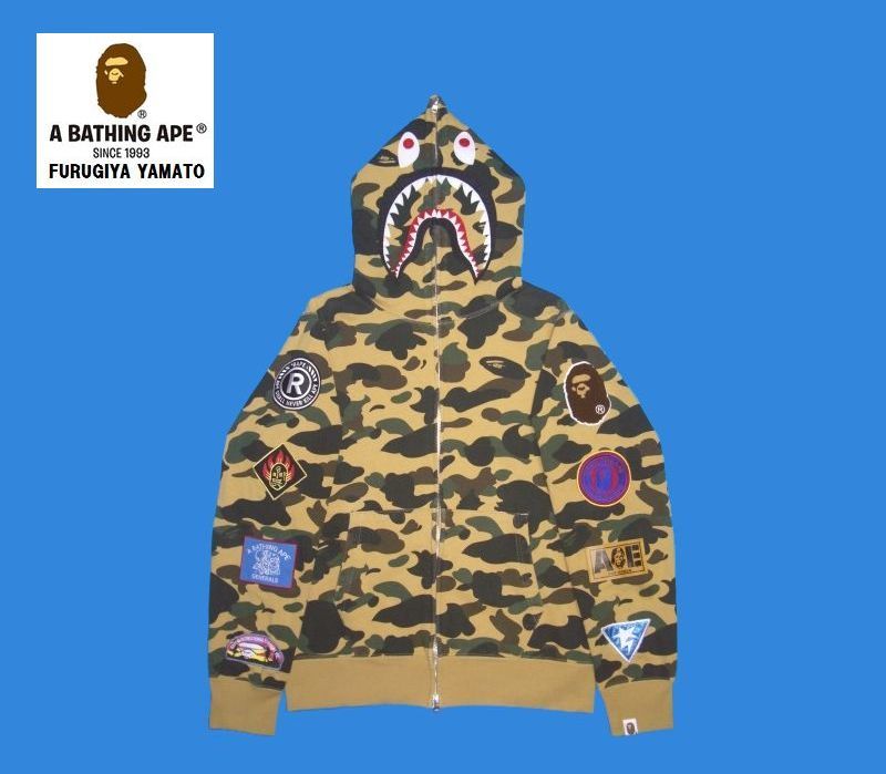 #古着屋大和 ブランド古着 出品中 即決 BAPE 1STCAMO カモフラ 迷彩 ワッペン シャーク フェイス シャークパーカー Mサイズ イエロー NIGO拍卖