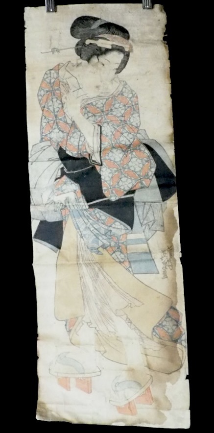 妖艶の美人を描き人気を博した作家!浮世絵木版画 渓斎英泉「美人画」縦2枚続き 掛物絵 在銘品 SMN604拍卖