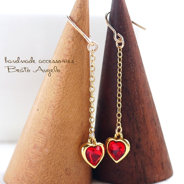 ◇◆+angelo+K14GF 貴和クリスタル 4884のチェーンピアス(p-001)ライトシャム ハート スワロフスキー レッド拍卖