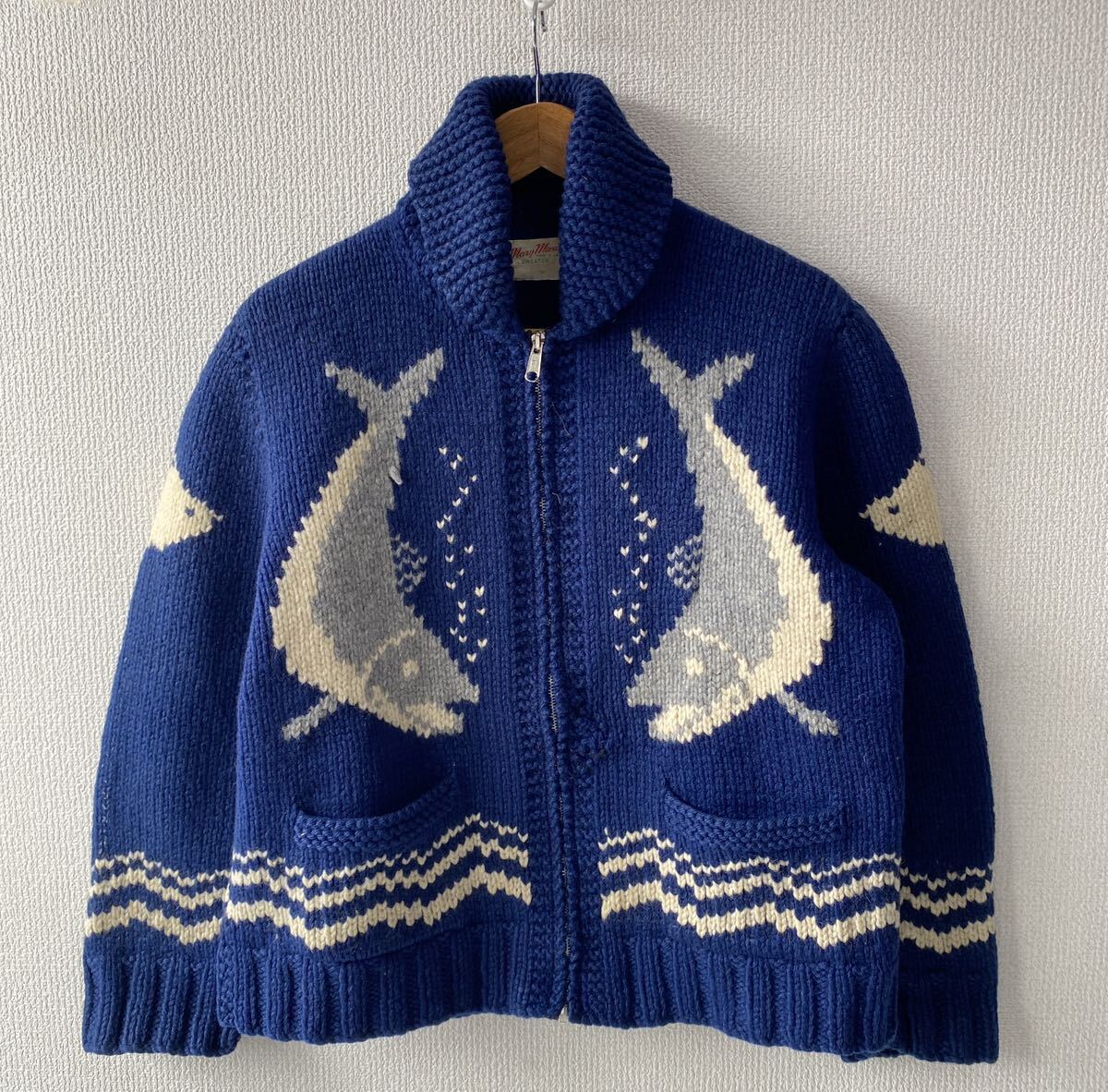 60s カナダ製 ウール カウチン セーター ビンテージ シャチ サーモン 魚拍卖