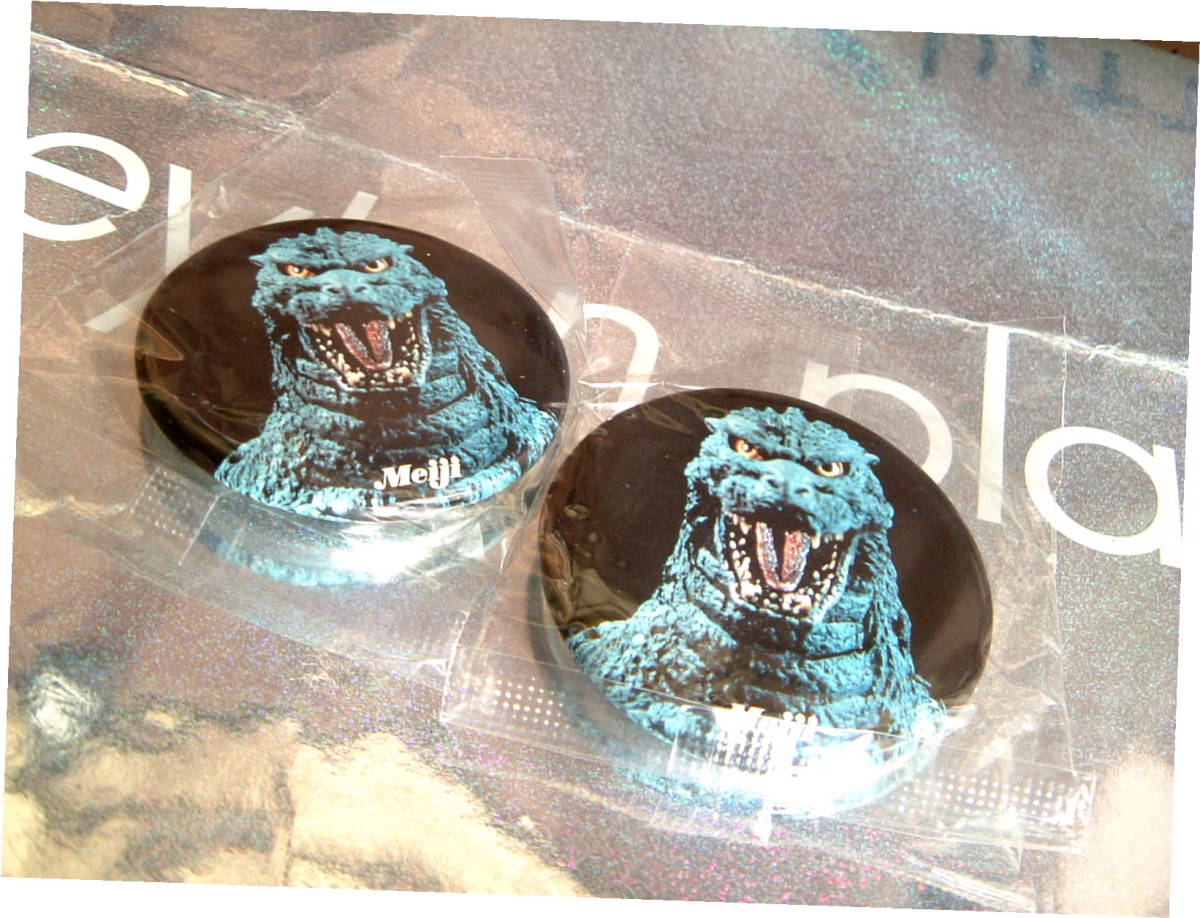 ゴジラ 缶 バッジ 2個 1993年 ◆ 廃盤 レトロ 非売品 明治 ノベルティ 90年代 未使用 レア お値打ち品拍卖