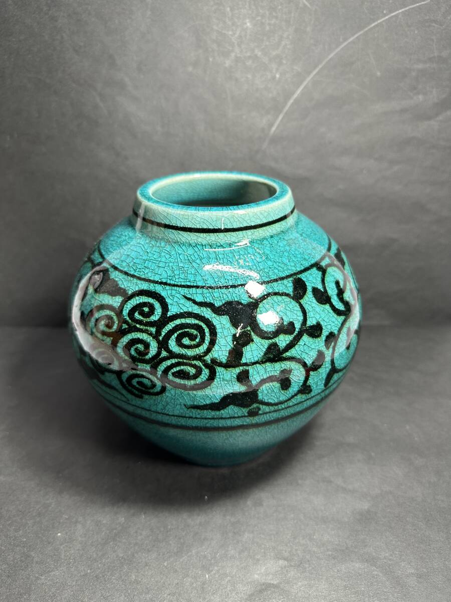★コレクター必見!! 銘入 景山 ビンテージ 陶器製 貫入風 柄付 花瓶 壺 緑 インテリア お洒落 レトロ 雑貨 花器 華道 ディスプレイ G697拍卖