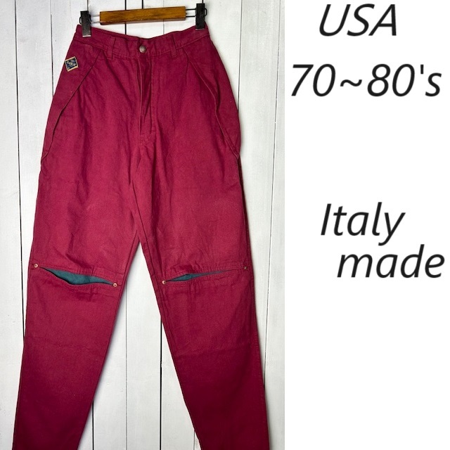 USA古着 イタリア製 70s~80s ダック生地 立体膝デザインパンツ 30 エンジ オールド ヴィンテージ アメリカ古着 アウトドア ワーク ●225拍卖