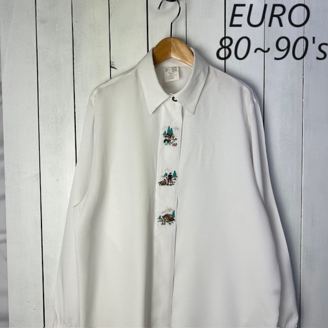 sh●681 EURO古着 80s~90s 刺繍入り 比翼チロルシャツ・ブラウス 白 L~XL オールド ヴィンテージ レーヨン ユーロ ヨーロッパ古着 長袖拍卖