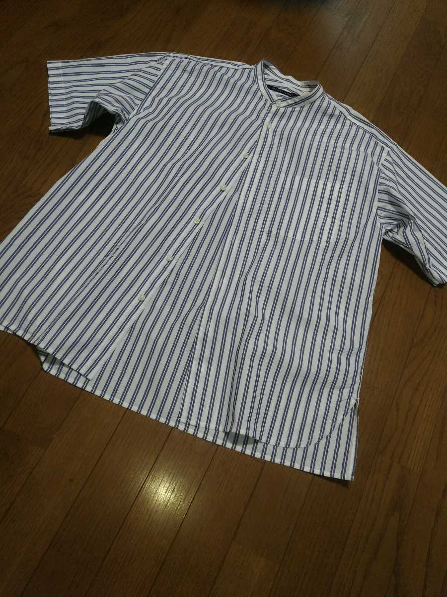 ニコアンド Niko andカジュアル ノーカラー ストライプ 半袖シャツ サイズM オーバーサイズ リラックスフィット メンズ拍卖