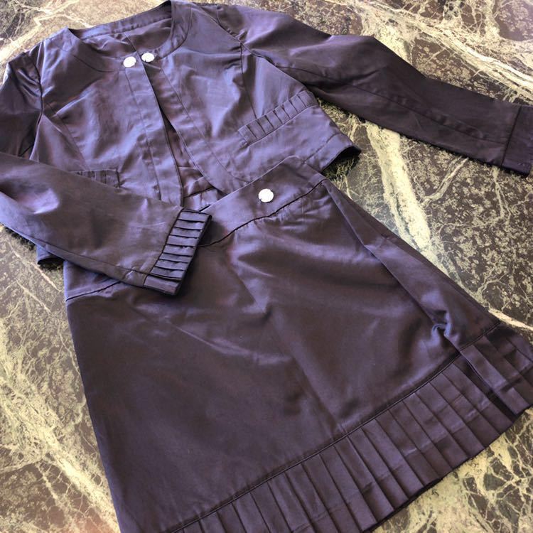 【新品同様】adam et rope★アダムエロペ 光沢セットアップ スカートスーツ ミニスカート 黒 36サイズ ノーカラージャケット シルク混拍卖