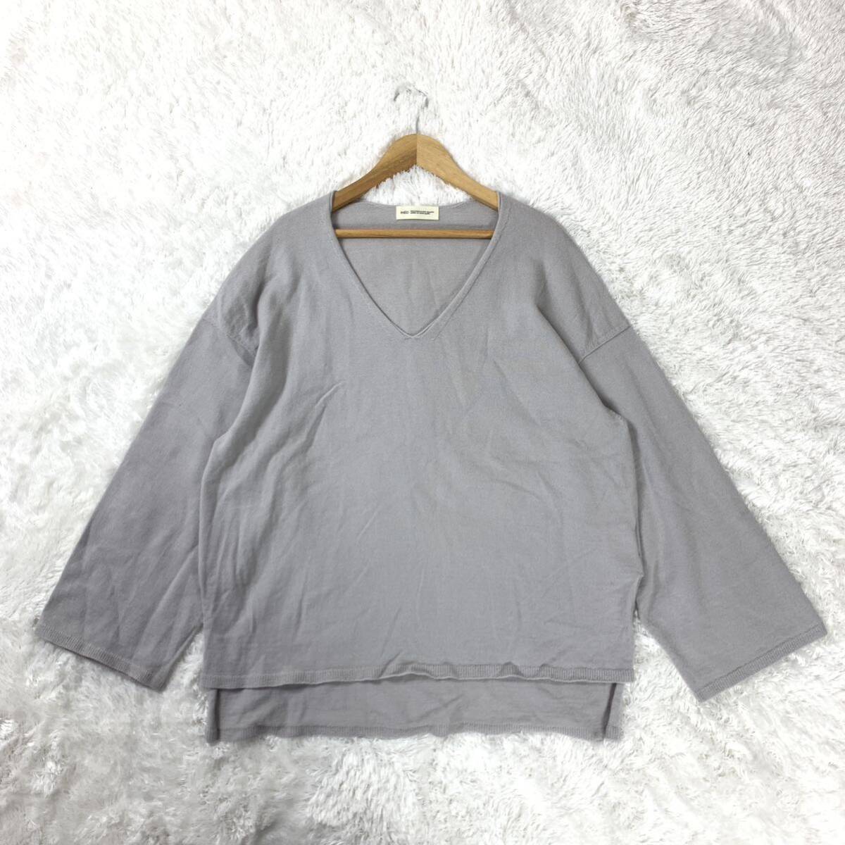 イネド プルオーバーカットソー ニット セーター グレー ウール100% Vネック 9 YA6496拍卖