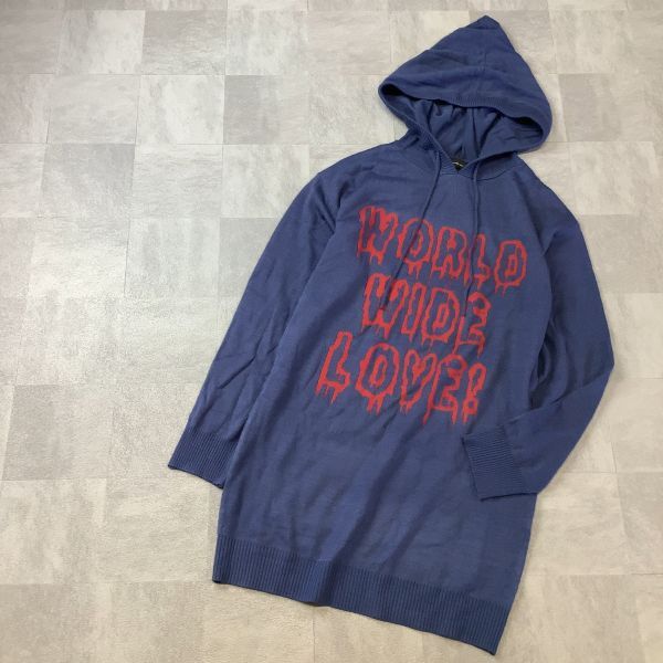 良品 WORLD WIDE LOVE ワールドワイドラブ ビッグロゴ ロングニットパーカー レディース サイズ1 ネイビー拍卖