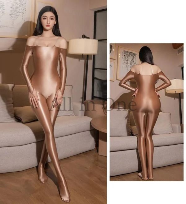 116-56-37 透明 クリアショルダーストラップ 艶々 全身 キャットスーツ【ブラウン,Fサイズ】光沢 仮装 コスチューム セクシー コスプレ.2拍卖