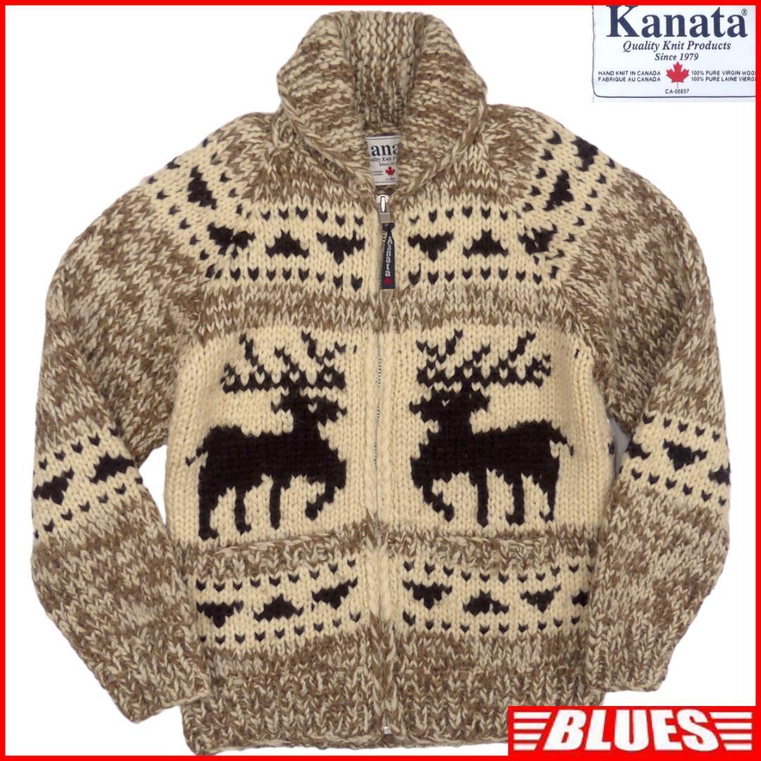 即決★カナダ製 KANATA★メンズM位 カウチンセーター カナタ 茶 ベージュ 鹿柄 ウール ニット セーター カーディガン ジップアップ拍卖