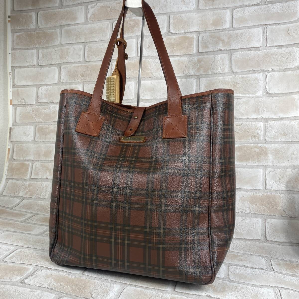 Polo Ralph Lauren ラルフローレン チェック柄 トートバッグ 肩掛けショルダーバッグ ネームタグ ブラシ付き 赤茶系拍卖