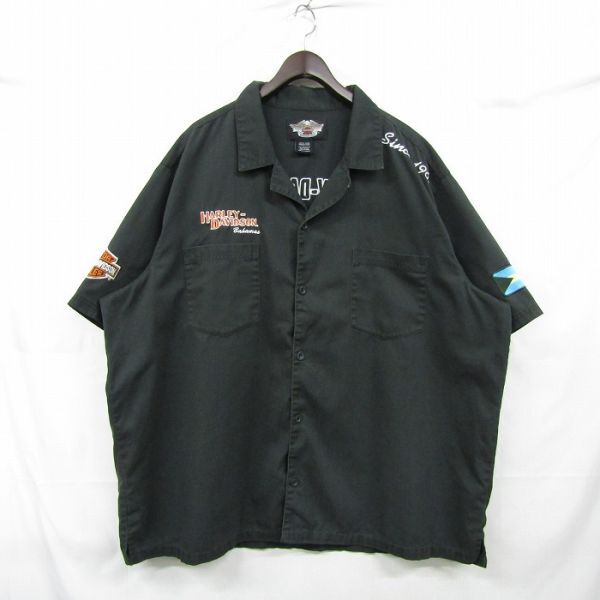 ビックサイズ 3XL HARLEY DAVIDSON 半袖 開襟 ワーク シャツ ワッペン 刺繍 髑髏 ブラック ハーレー ダビッドソン 古着 ビンテージ 4A1606拍卖