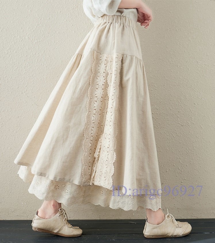 Q725☆新品レディース 可愛い 切り替えレース~3L4L(5L) 2段ティアードクロシェ&りぼん綿麻スカート 生成り拍卖