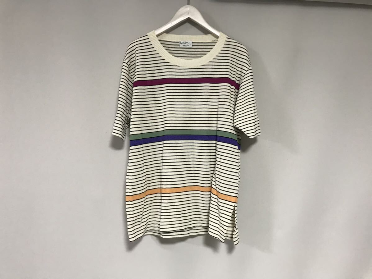 美品本物マルシルMARSILコットンレーヨンボーダー柄ニット半袖TシャツレディースサーフアメカジミリタリーワークビジネスM白46イタリア製拍卖