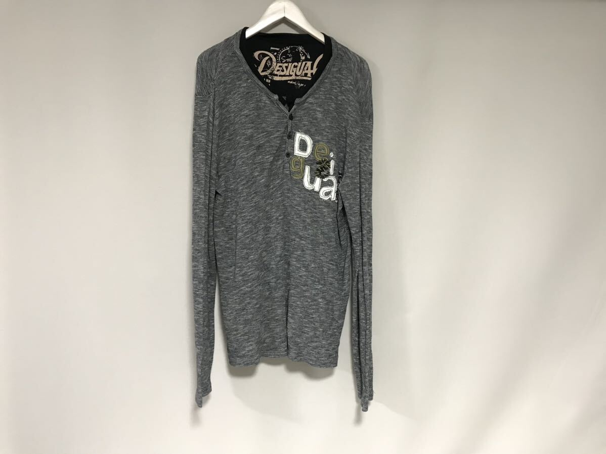 本物デシグアルDesigualコットンヘンリーネック長袖TシャツロンTメンズサーフアメカジミリタリーグレー黒ブラックLインド製拍卖
