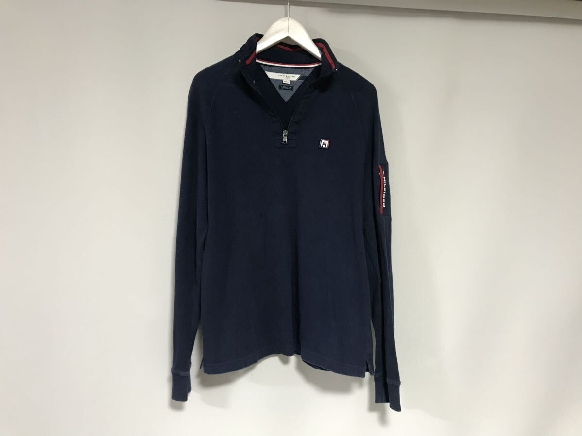本物トミーヒルフィガーTOMMYHILFIGERコットンハーフジップ長袖TシャツロンTメンズサーフアメカジミリタリーワーク紺M拍卖