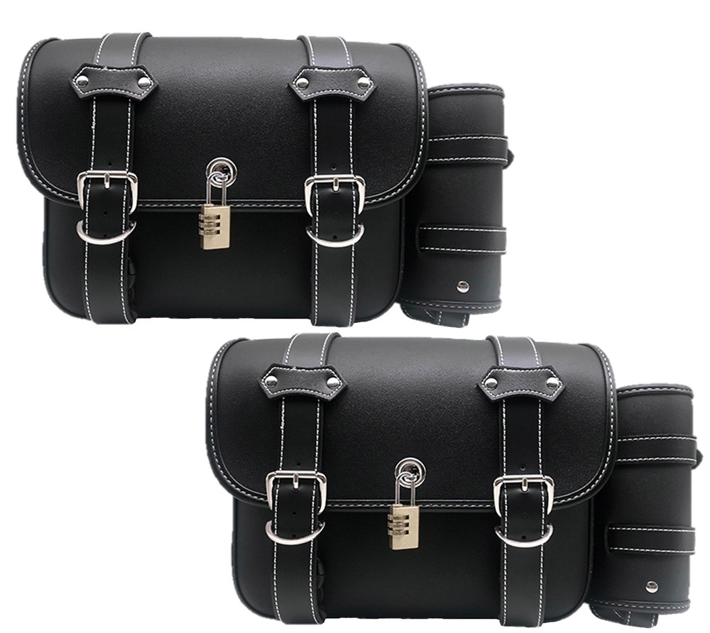 バイク サイド バッグ レザー ハーレー ツール サドル バッグ 南京錠 ケース 小物入れ 防水 大容量 汎用 ブラック 黒 2個セット KRB001拍卖