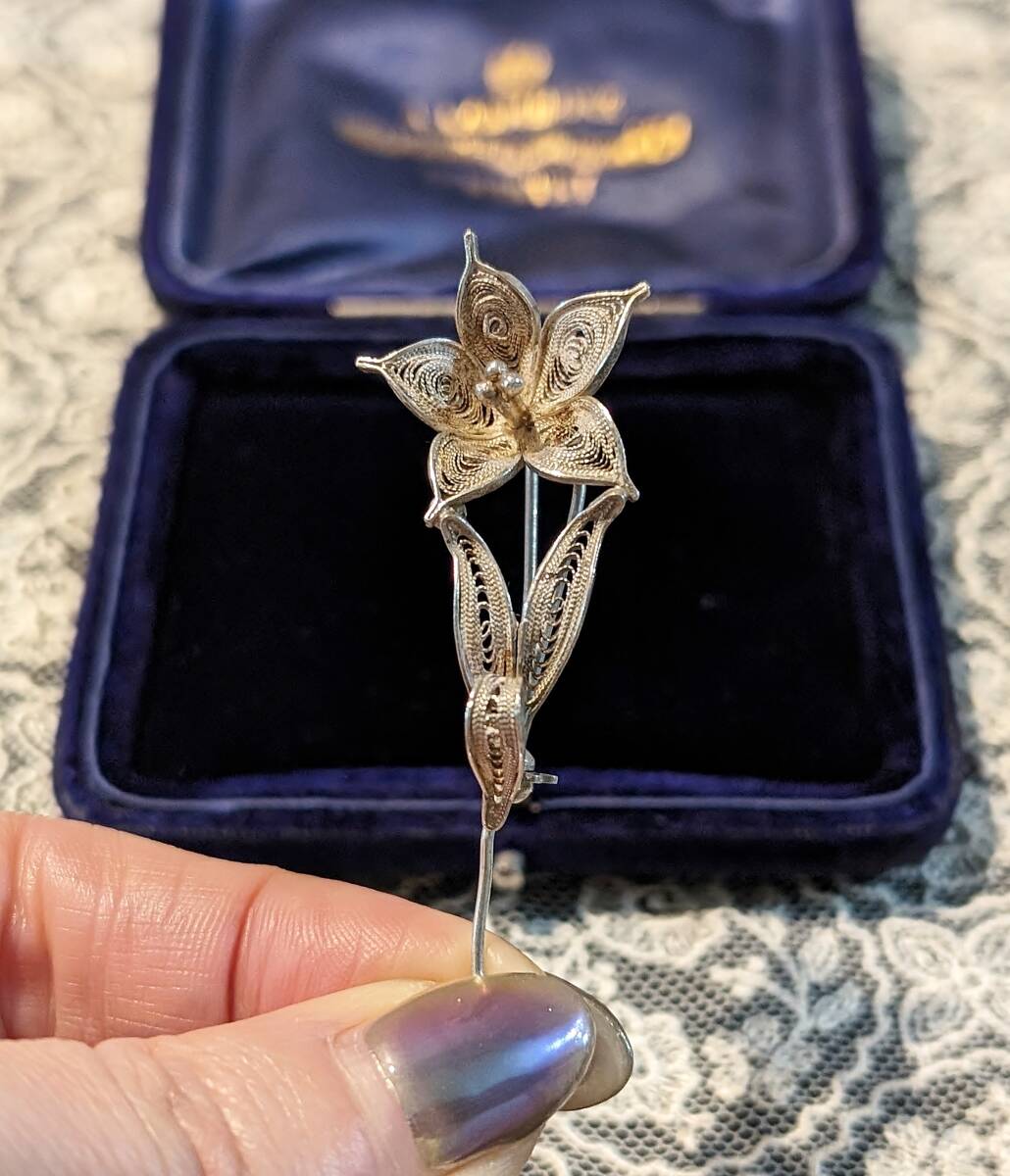 イギリスヴィンテージ フィリグリーシルバーブローチ 一輪の花/ヨーロッパ英国アンティーク銀線細工ブライダル50’s60’s70’sΓOT拍卖
