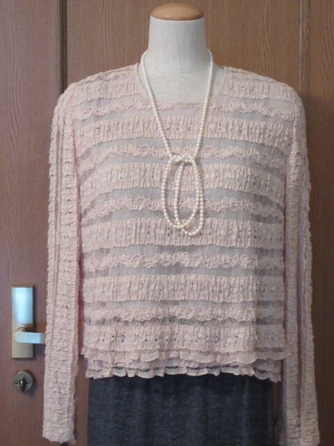 T)■日本製■【EMAIRY BOUTIQUE エマイリーブティック】■ピーチ系/変化レース編/綿50%■裏地付き裾2段レース■フォーマル カットソー拍卖