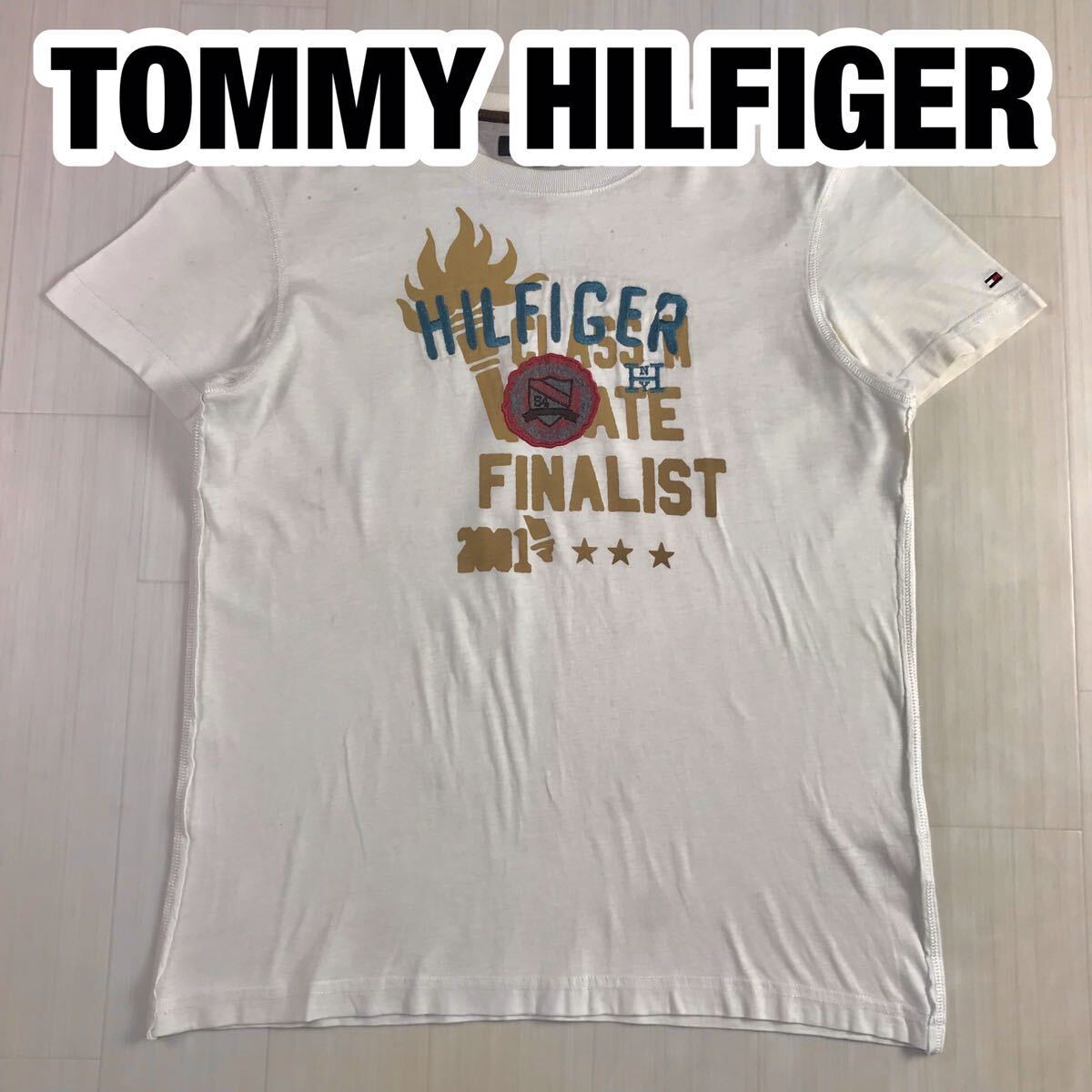 TOMMY HILFIGER トミー ヒルフィガー 半袖Tシャツ L 生成り ビッグロゴ プリントTシャツ 刺繍ロゴ フラッグ ワッペン拍卖